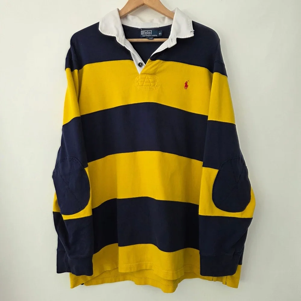 Polo Ralph Lauren Rugby Shirt Yellow Navy Striped Elbow Patch Mens XL